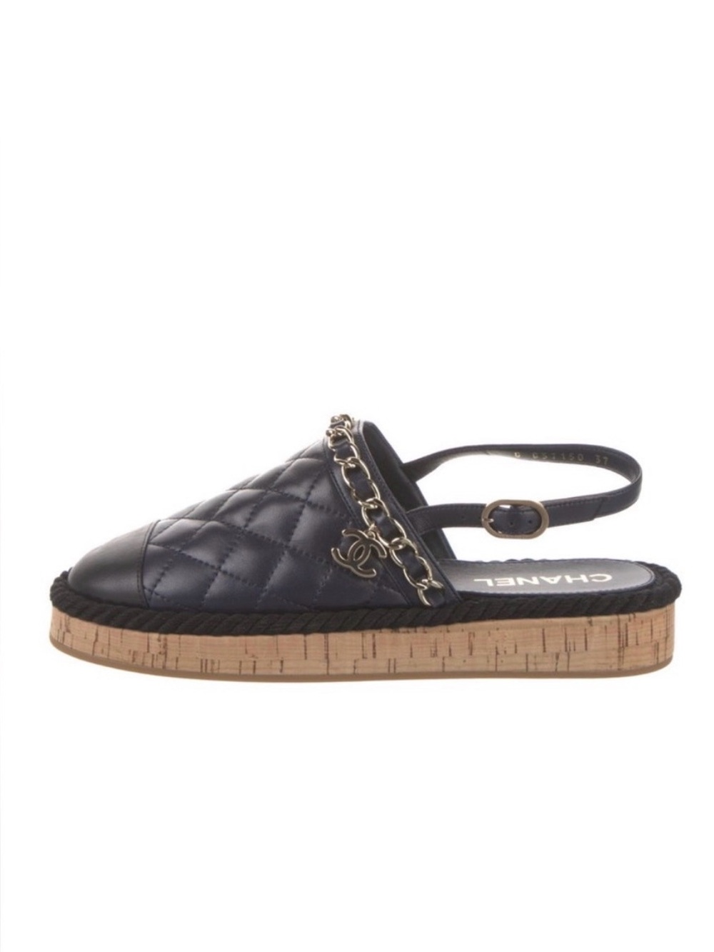 CHANEL Black & Navy Quilted Leather Slingback Espadrille with Gold Chain